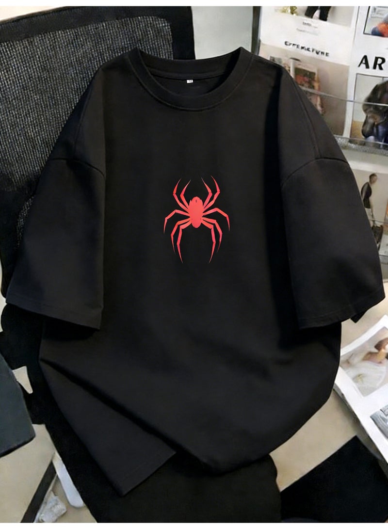 Men's Oversized T-Shirt Black Drop Shoulder Short Sleeve Crew Neck Red Spider Graphic Print Streetwear Tee T Shirt For Men - Image 1